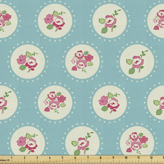 Ambesonne Shabby Flora Fabric by the Yard Upholstery, Circles and Flowers, 2 Yards, Apple Green Pale Blue