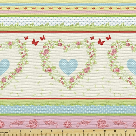 Ambesonne Shabby Flora Fabric by the Yard Upholstery, Country Rose Hearts, 3 Yards, Multicolor