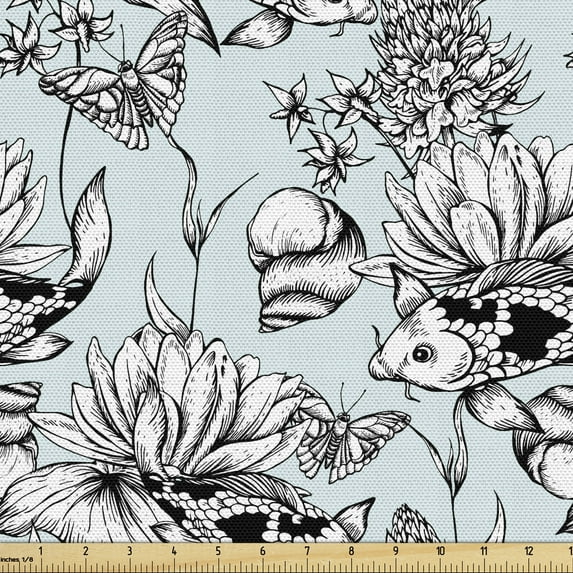 Ambesonne Shabby Flora Fabric by the Yard Upholstery, Pond Water Flowers, 10 Yards, Pale Blue White Black