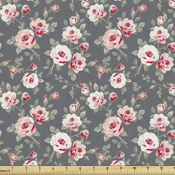 Ambesonne Shabby Flora Fabric by the Yard Upholstery, Rural Buds Vintage, 2 Yards, Multicolor