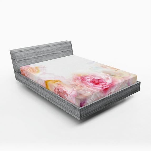 Ambesonne Shabby Flora Fitted Sheet 2 Pcs Set, Pale Pink Roses, Queen, Pale Pink Hot Pink