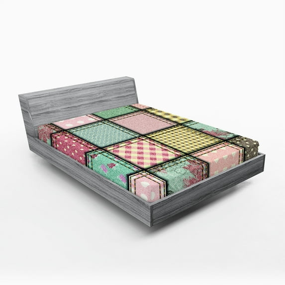Ambesonne Shabby Flora Fitted Sheet 2 Pcs Set, Square Pieces Tile, California King, Multicolor