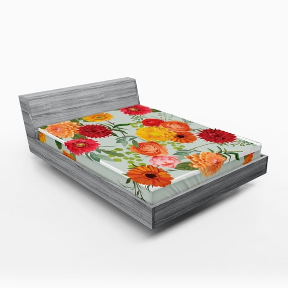 Ambesonne Shabby Flora Fitted Sheet, Floral Flower Leaf, Full Size, Dark Coral Mustard