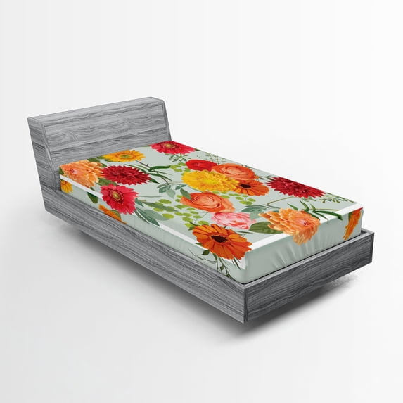 Ambesonne Shabby Flora Fitted Sheet, Floral Flower Leaf, Twin Size, Dark Coral Mustard