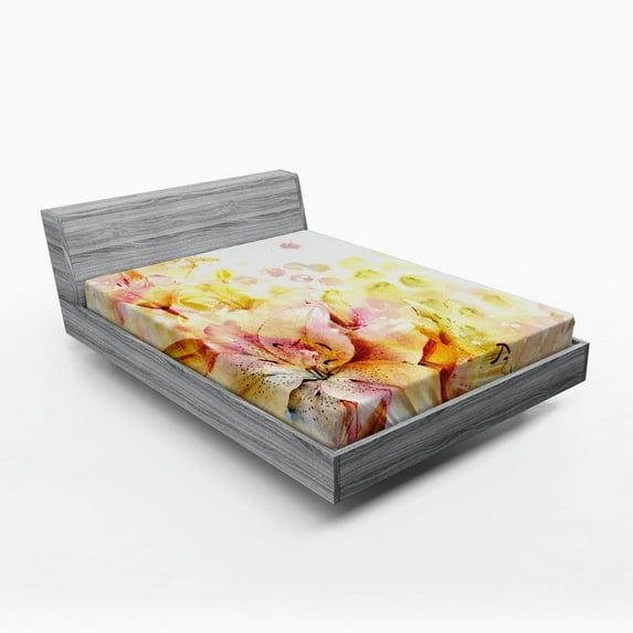 Ambesonne Shabby Flora Fitted Sheet, Lilies Flowers Buds, Full Size, Pale Pink Peach