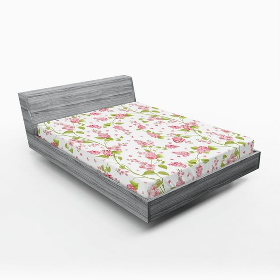 Ambesonne Shabby Flora Fitted Sheet, Nature Blossom Buds, California King, Pink White and Green