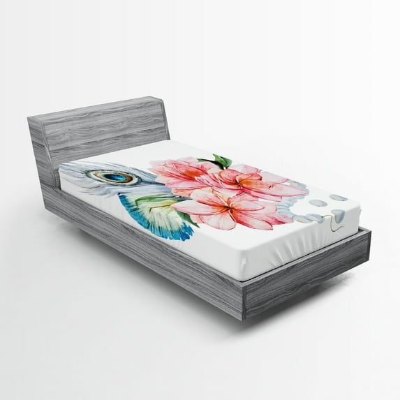 Ambesonne Shabby Flora Fitted Sheet, Peony and Peacock, Twin XL Size, Multicolor