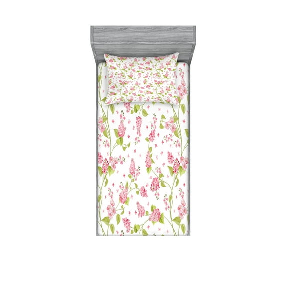 Ambesonne Shabby Flora Fitted Sheet & Pillow Sham Set, Nature Blossom Buds, Twin, Pink White and Green