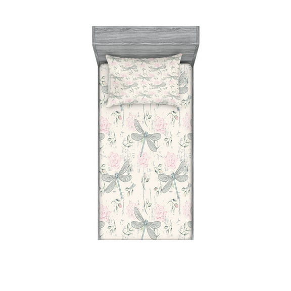 Ambesonne Shabby Flora Fitted Sheet & Pillow Sham Set, Vintage Dragonfly, Twin, Pale Pink Pale Grey