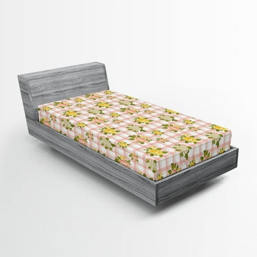 Ambesonne Shabby Flora Fitted Sheet, Roses on Plaid Back, Twin XL Size, Coral and Olive Green