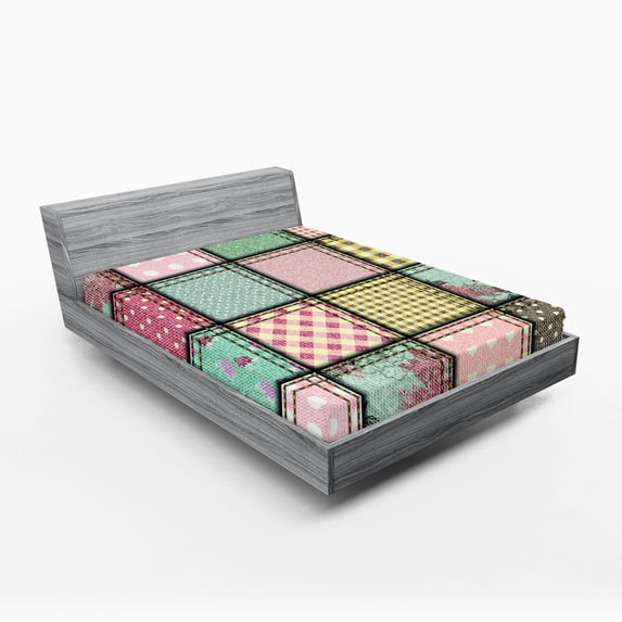 Ambesonne Shabby Flora Fitted Sheet, Square Pieces Tile, Full Size, Multicolor