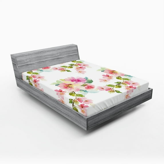 Ambesonne Shabby Flora Fitted Sheet, Watercolor Petals, Queen Size, Pale Pink Fern Green