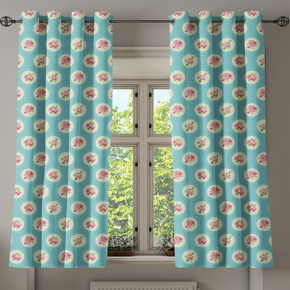 Ambesonne Shabby Flora Grommet Curtain, Circles and Flowers, 50" x 54", Apple Green Pale Blue