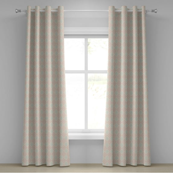 Ambesonne Shabby Flora Grommet Curtain, Diamond Line Tile, 50" x 96", Peach Coral Pale Blue