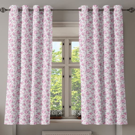 Ambesonne Shabby Flora Grommet Curtain, Pink Roses Spring, 50" x 63", Pale Pink White Grey