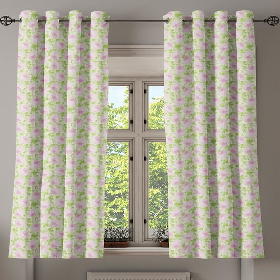 Ambesonne Shabby Flora Grommet Curtain, Spring Yard Pastel, 50" x 54", Pale Pink Pale Green