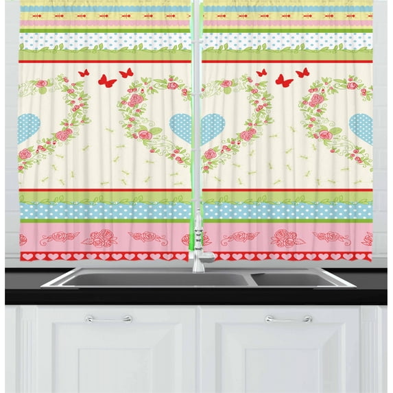 Ambesonne Shabby Flora Kitchen Curtains, Country Rose Hearts, 55"x39", Multicolor