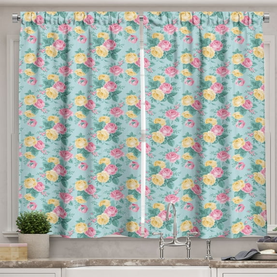 Ambesonne Shabby Flora Kitchen Curtains, Summer Roses Bridal, 55"x39", Turquoise Pale Pink