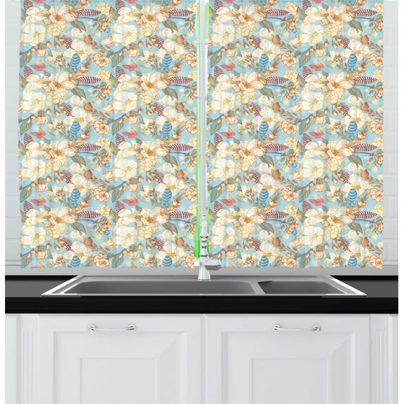Ambesonne Shabby Flora Kitchen Curtains, Vintage Garden Leaf, 55"x39", Pale Blue Purple White