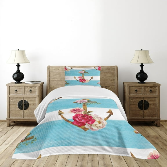 Ambesonne Shabby Flora Quilted Bedspread Set 2 Pcs, Anchors and Roses, Twin Size, Multicolor