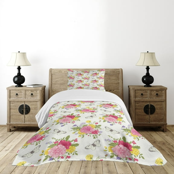 Ambesonne Shabby Flora Quilted Bedspread Set 2 Pcs, Botanical Garden, Twin Size, Multicolor