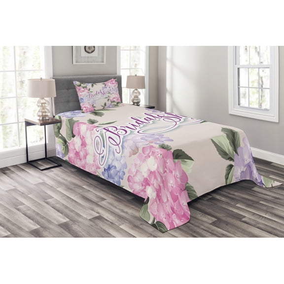 Ambesonne Shabby Flora Quilted Bedspread Set 2 Pcs, Bride Hydrangeas, Twin Size, Purple and Pale Pink