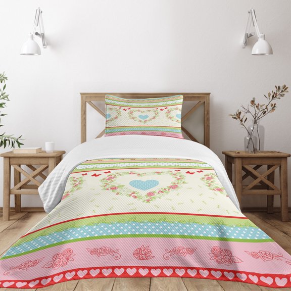 Ambesonne Shabby Flora Quilted Bedspread Set 2 Pcs, Country Rose Hearts, Twin Size, Multicolor