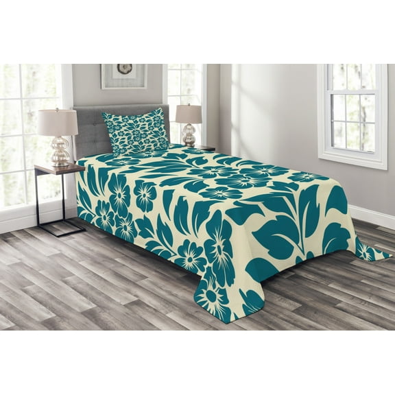 Ambesonne Shabby Flora Quilted Bedspread Set 2 Pcs, Flower Bloom Spring, Twin Size, Teal Cream