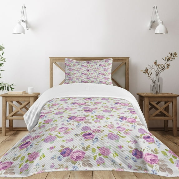 Ambesonne Shabby Flora Quilted Bedspread Set 2 Pcs, Roses and Violets, Twin Size, Multicolor