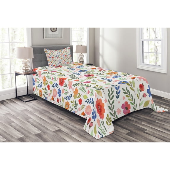 Ambesonne Shabby Flora Quilted Bedspread Set 2 Pcs, Soft Colored Floret, Twin Size, Multicolor
