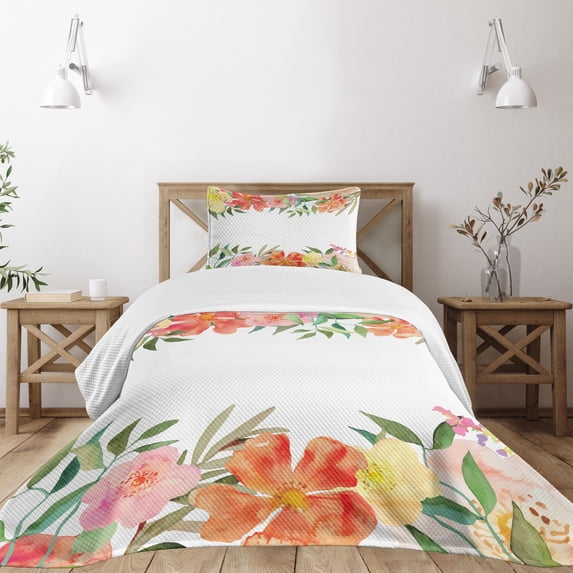 Ambesonne Shabby Flora Quilted Bedspread Set 2 Pcs, Soft Flower Petals, Twin Size, Multicolor