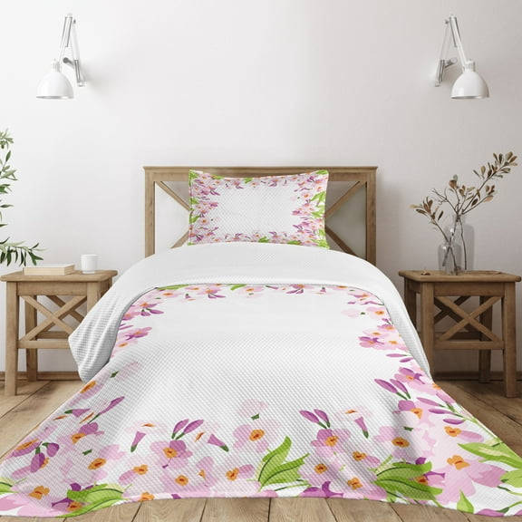 Ambesonne Shabby Flora Quilted Bedspread Set 2 Pcs, Spring Blossoms, Twin Size, Multicolor