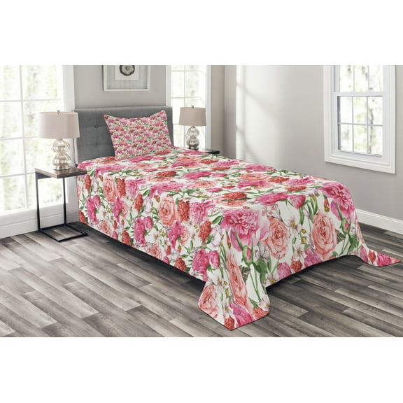 Ambesonne Shabby Flora Quilted Bedspread Set 2 Pcs, Spring Garden Roses, Twin Size, Pale Pink Hot Pink