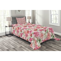 Ambesonne Shabby Flora Quilted Bedspread Set 2 Pcs, Spring Garden Roses, Twin Size, Pale Pink Hot Pink