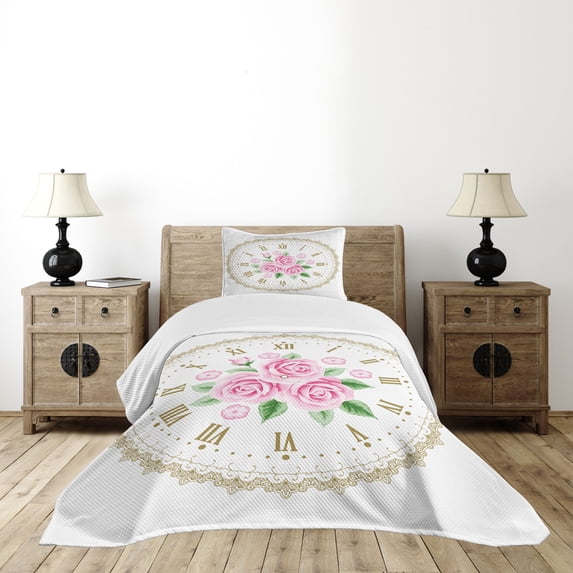 Ambesonne Shabby Flora Quilted Bedspread Set 2 Pcs, Vintage Clock Roses, Twin Size, Dark Khaki Pale Pink