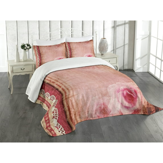 Ambesonne Shabby Flora Quilted Bedspread Set 2 Pcs, Vintage Frame Roses, Twin Size, Multicolor