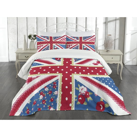 Ambesonne Shabby Flora Quilted Bedspread Set 3 Pcs, British Flag Floral, Queen Size, Multicolor
