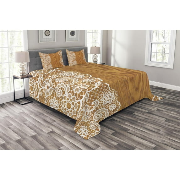 Ambesonne Shabby Flora Quilted Bedspread Set 3 Pcs, Lace Wooden Retro, Queen Size, Pale Caramel White