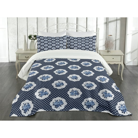 Ambesonne Shabby Flora Quilted Bedspread Set 3 Pcs, Motifs Dots Flowers, King Size, Dark Blue White