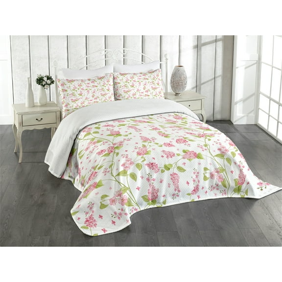 Ambesonne Shabby Flora Quilted Bedspread Set 3 Pcs, Nature Blossom Buds, King Size, Pink White and Green