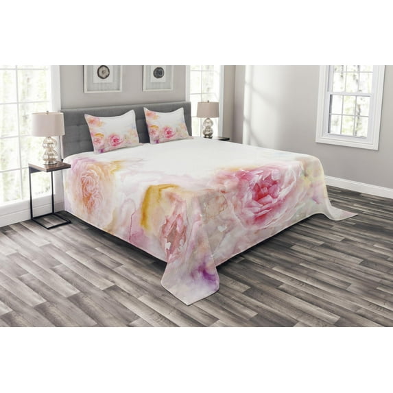 Ambesonne Shabby Flora Quilted Bedspread Set 3 Pcs, Pale Pink Roses, Queen Size, Pale Pink Hot Pink