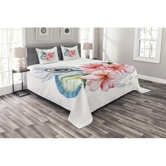 Ambesonne Shabby Flora Quilted Bedspread Set 3 Pcs, Peony and Peacock, Queen Size, Multicolor