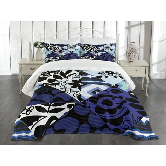 Ambesonne Shabby Flora Quilted Bedspread Set 3 Pcs, Petals, Queen Size, Multicolor