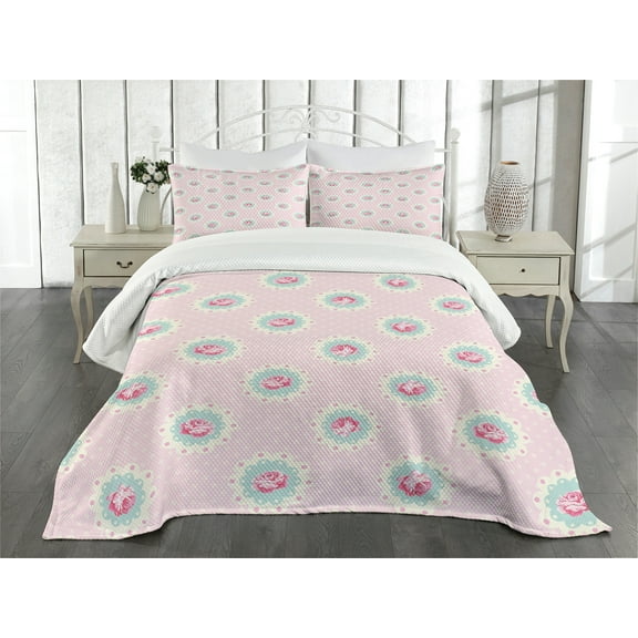 Ambesonne Shabby Flora Quilted Bedspread Set 3 Pcs, Retro Floral Cabin, King Size, Pale Pink Seafoam White