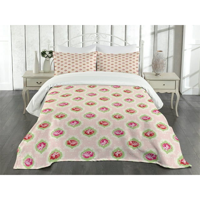 Ambesonne Shabby Flora Quilted Bedspread Set 3 Pcs, Rose Damask Old, Queen Size, Multicolor