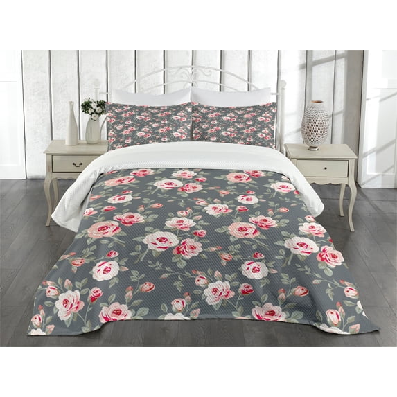 Ambesonne Shabby Flora Quilted Bedspread Set 3 Pcs, Rural Buds Vintage, King Size, Multicolor
