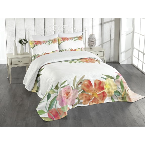 Ambesonne Shabby Flora Quilted Bedspread Set 3 Pcs, Soft Flower Petals, King Size, Multicolor