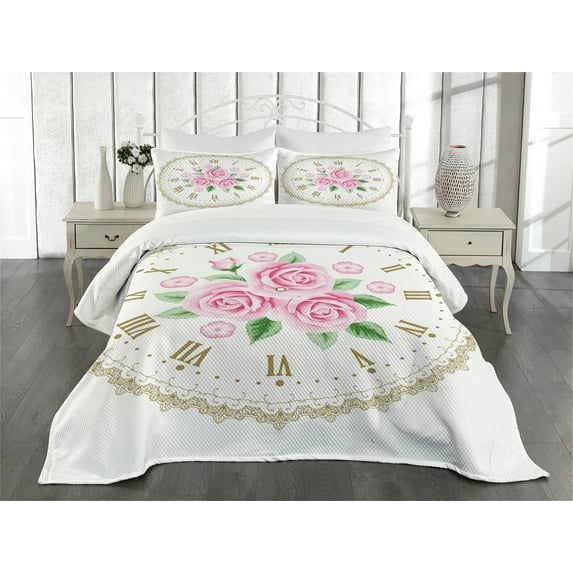 Ambesonne Shabby Flora Quilted Bedspread Set 3 Pcs, Vintage Clock Roses, King Size, Dark Khaki Pale Pink