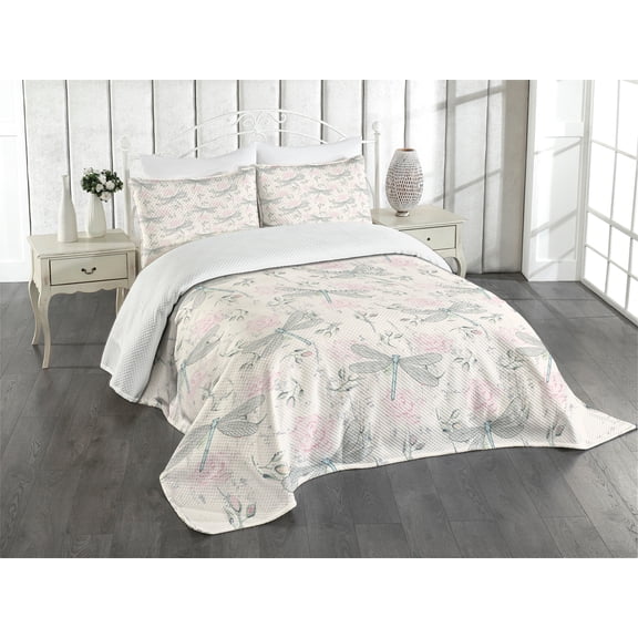 Ambesonne Shabby Flora Quilted Bedspread Set 3 Pcs, Vintage Dragonfly, Queen Size, Pale Pink Pale Grey