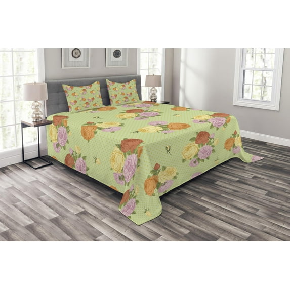 Ambesonne Shabby Flora Quilted Bedspread Set 3 Pcs, Vintage Flower Rose, King Size, Pale Green Pale Pink